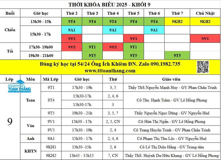 Thời khóa biểu lớp 9