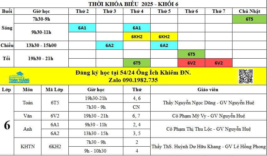 Thời khóa biểu lớp 6