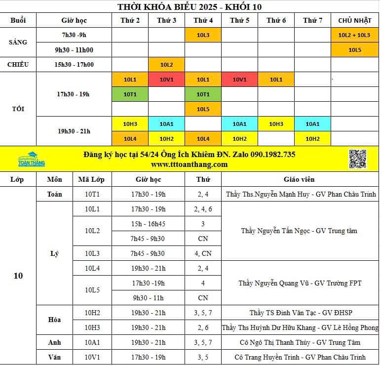 Thời khóa biểu lớp 10