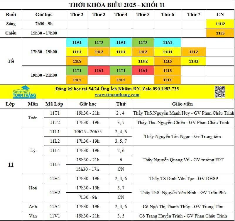 Thời khóa biểu lớp 11