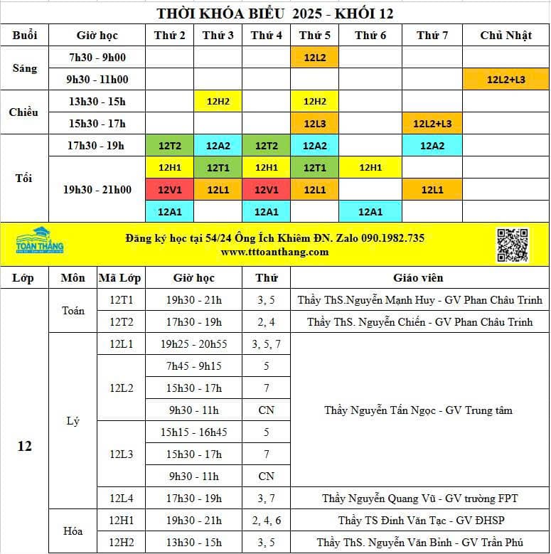 Thời khóa biểu lớp 12